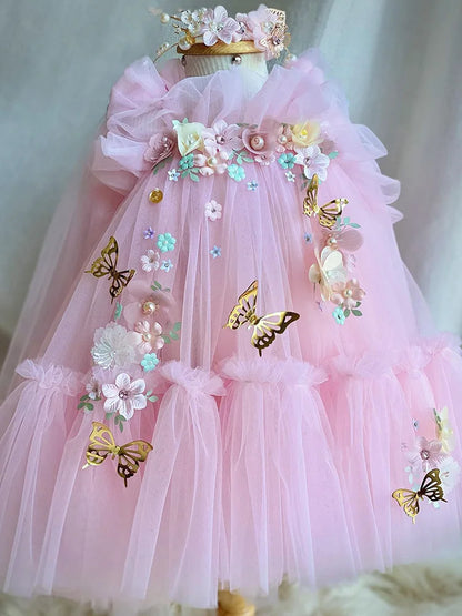 Girls' New Butterfly Flower First Birthday Dress Lolita Princess Dress
