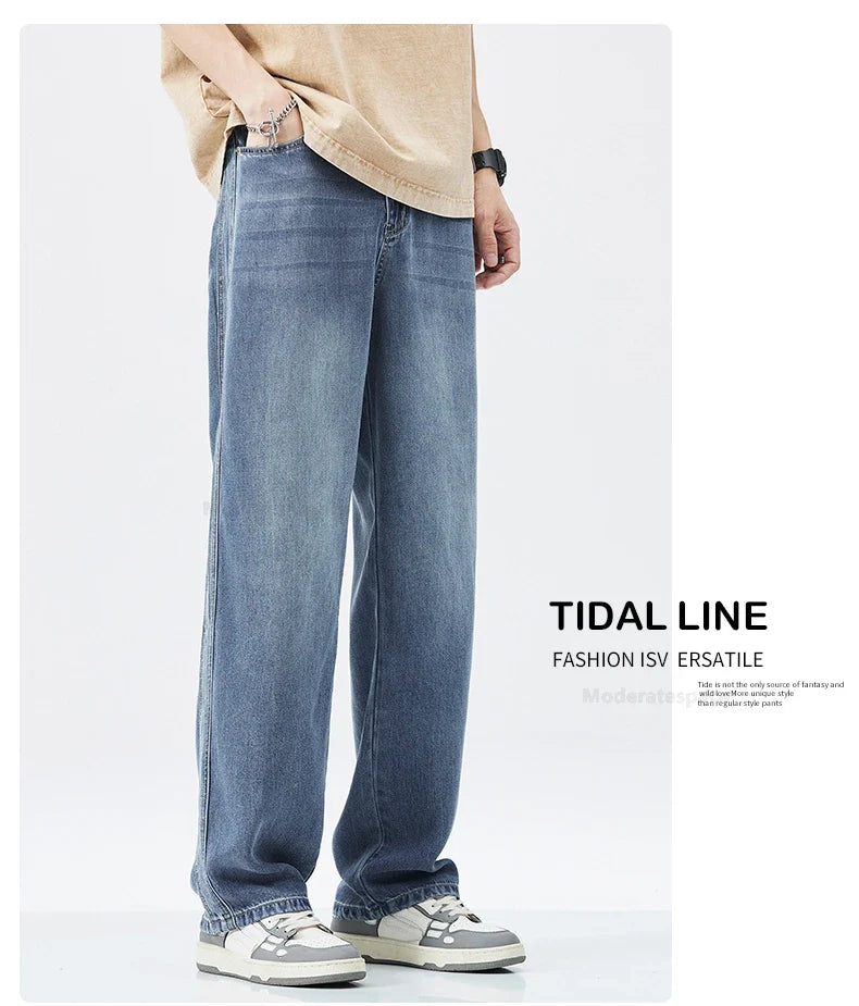 Stretch Jeans Men's 2024 New Lyocell Fabric High Quality Soft Loose Wide Pants Elastic Waist Casual Denim Trousers Streetwear