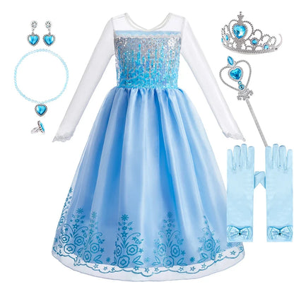 2026 Kid Elsa Anna Costume Girl Birthday Floral Dress Children Snow Queen Performance Fantasy Princess Evening Halloween Costume