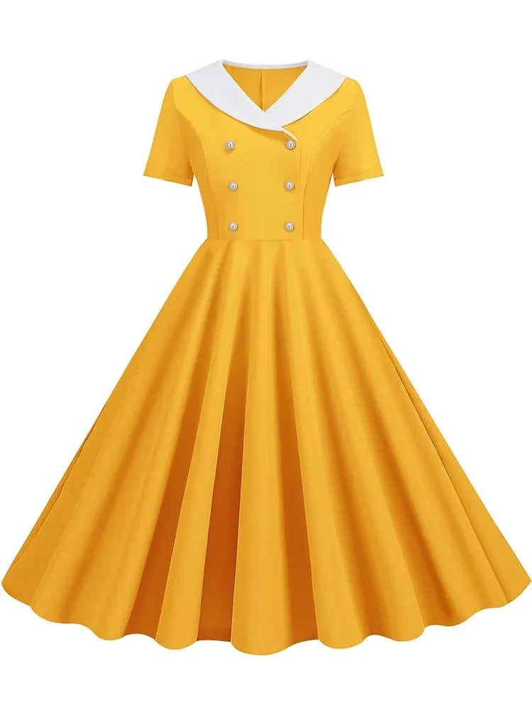 Summer Midi Dress Women Elegant Pink Vintage Party Sundress Casual Peter pan Collar Short Sleeve Dress