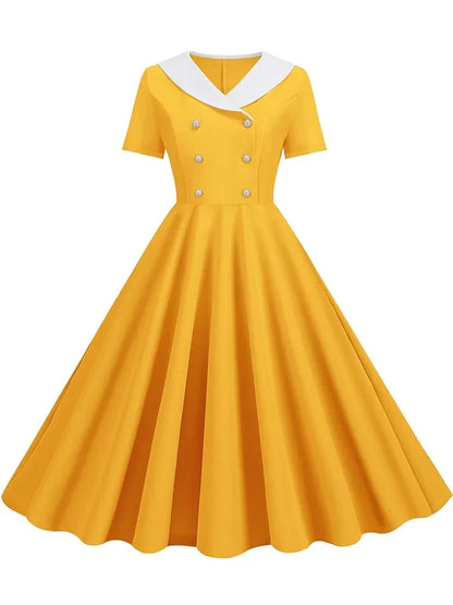 Summer Midi Dress Women Elegant Pink Vintage Party Sundress Casual Peter pan Collar Short Sleeve Dress