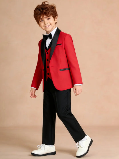 Christmas Red Boys Suits 4 Pieces Banquet Party Wear Shawl Lapel Kids Suit Set Performance Outfit 3-14T Wedding Birthday Tuxedo