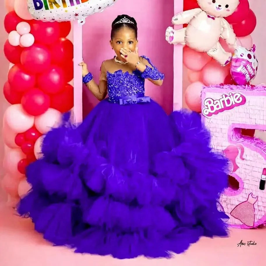 Fuchsia Princess Girls Birthday Party Dress Tiered Ruffles Long Sleeve Flower Girl Dresses for Wedding Kids Prom Gown Customized