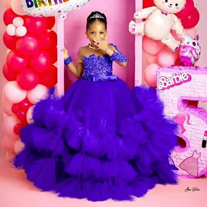 Fuchsia Princess Girls Birthday Party Dress Tiered Ruffles Long Sleeve Flower Girl Dresses for Wedding Kids Prom Gown Customized