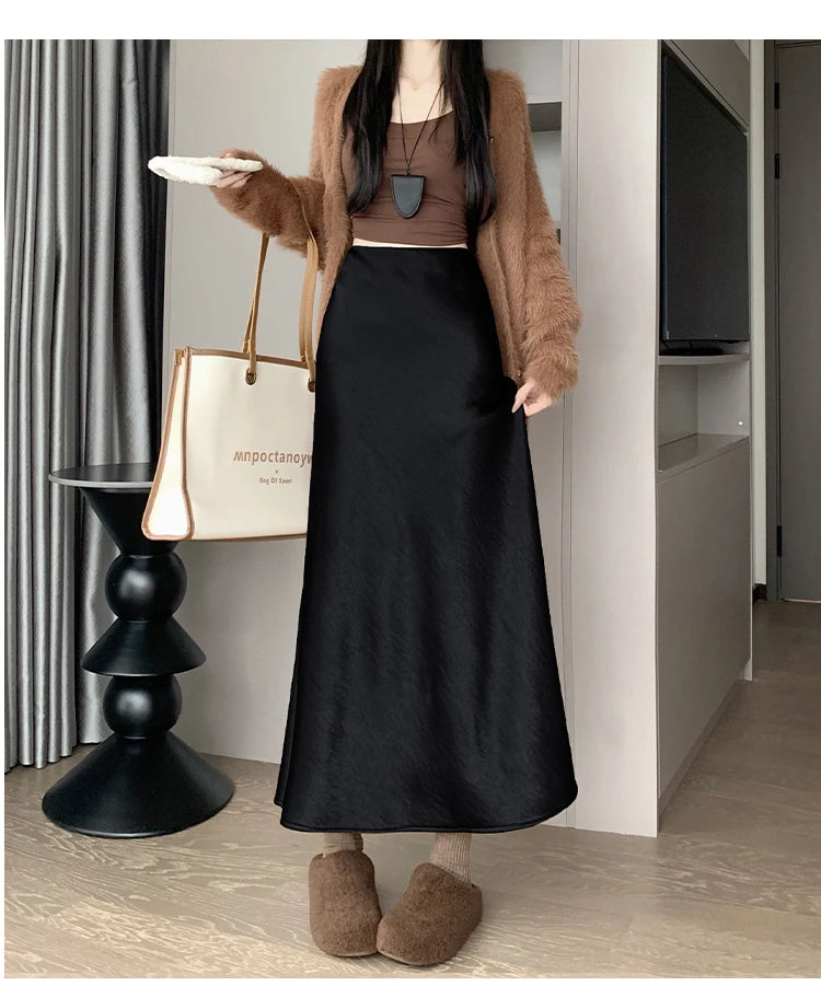 New Autumn Winter Solid Satin Silk Mermaid Skirt Women Fashion High Waist Office Ladies Work Warmth Party Long Maxi Skirt