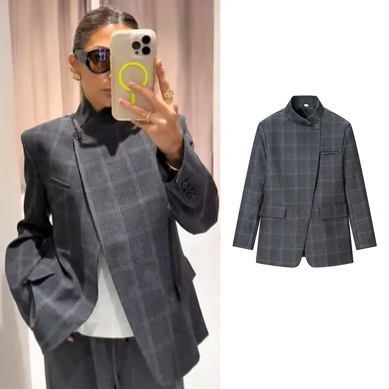 Tidalyf Blazers & Jackets Women's Spring 2026 New Fashion Plaid Loose Warm Jackets Women's Chic Youth Office Long Sleeve Coats