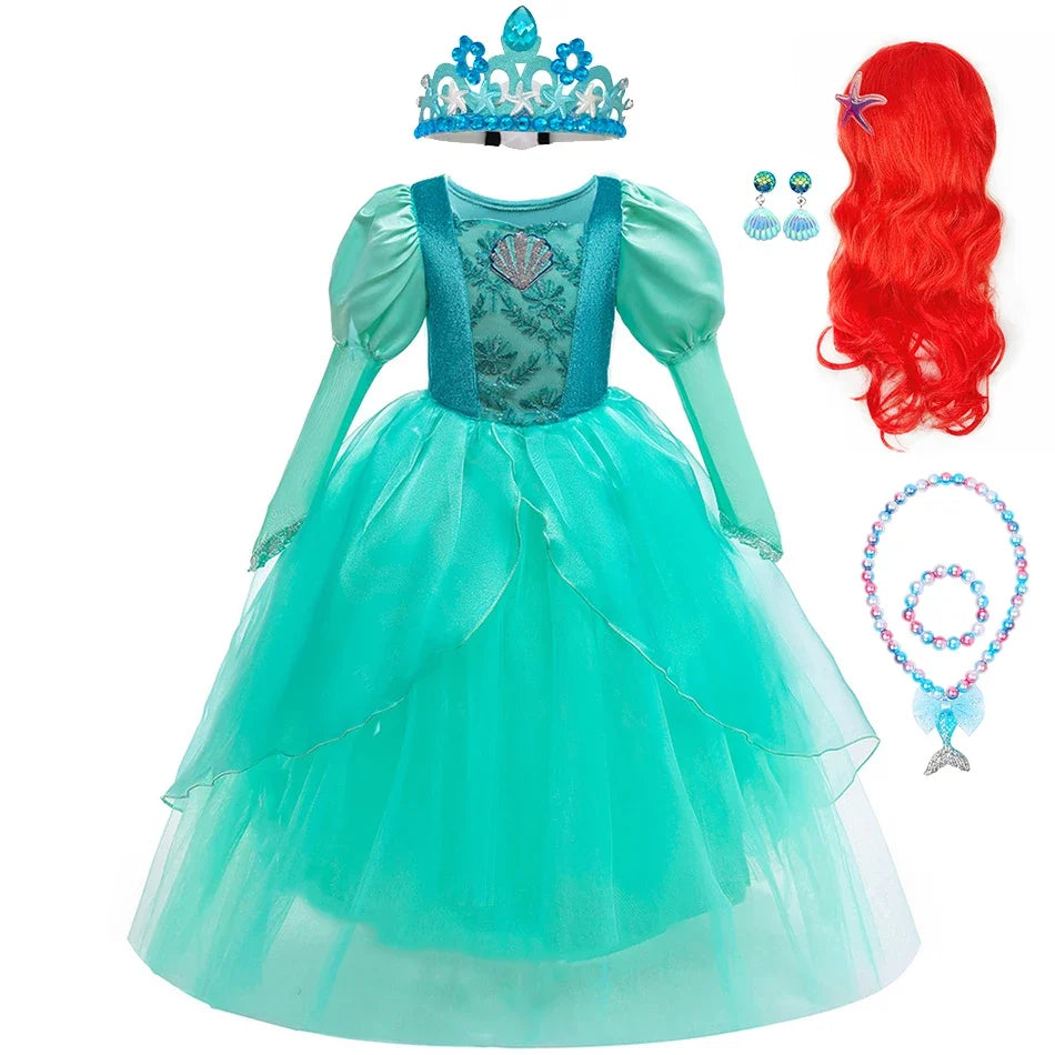Girls Mermaid Dress Ariel Long Sleeves Cosplay Halloween Costume Kids Fluffy Tulle Shell Applique Frocks Elegant Gown