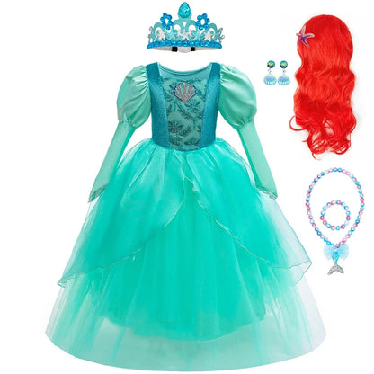 Girls Mermaid Dress Ariel Long Sleeves Cosplay Halloween Costume Kids Fluffy Tulle Shell Applique Frocks Elegant Gown