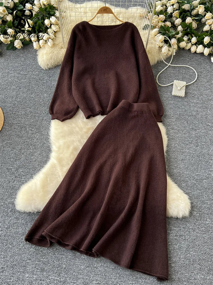 Autumn Casual Two Pieces Sets Women O-Neck Loose Knitting Top+Elastic Waist Large Swing Skirt Basic Korean Winter Sets