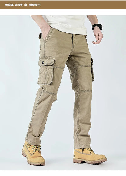 2026 Men's Cargo Pants Straight Leg Cotton Stretch Tactical Trouser Male Military Outdoor Camping Fishing Casual Work Wear Khaki