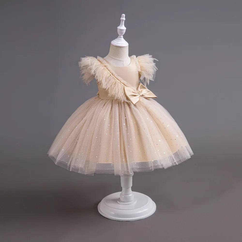 Summer Girls' New Bow Sequin Flying Sleeves Mesh Fluffy Skirt Piano Competition School Graduation Ceremony Dress