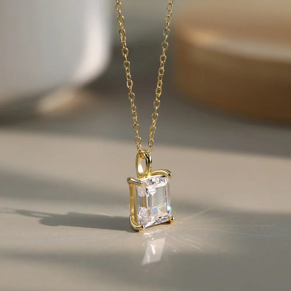 Soild 925 Sterling Silver Square Pendant Necklace with 8A Cubic Zirconia Lovers Jewelry Gift 45cm Neck Chain LZN27