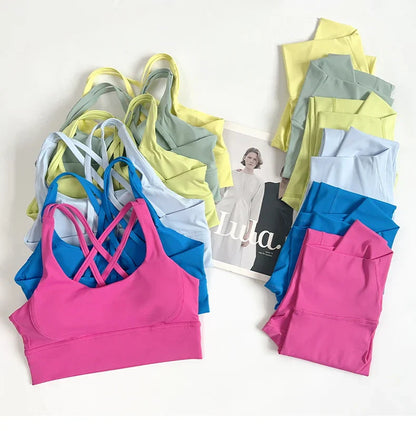 2 Pieces Yoga Set Women Gym Set Workout Clothes Sports Suits High Waist Leggings Cross Straps Fitness Bra Top Running Tracksuit