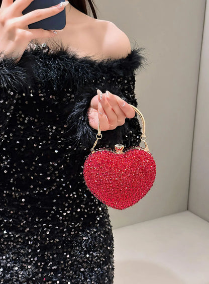 Designer Luxury Diamond Heart-shaped Bag Red Rhinestone Evening Clutch Purse Female Wedding Handbag Woman Chain Shoulder Bags