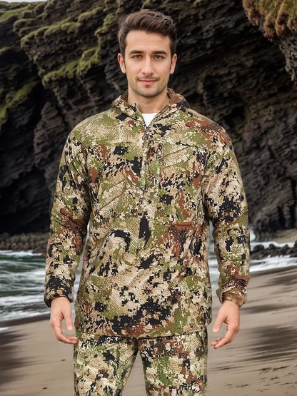Men's Stretch Camouflage Jacket, Hunting Pullover, Light Nylon Fabric Printed Plush Lining Hoodie