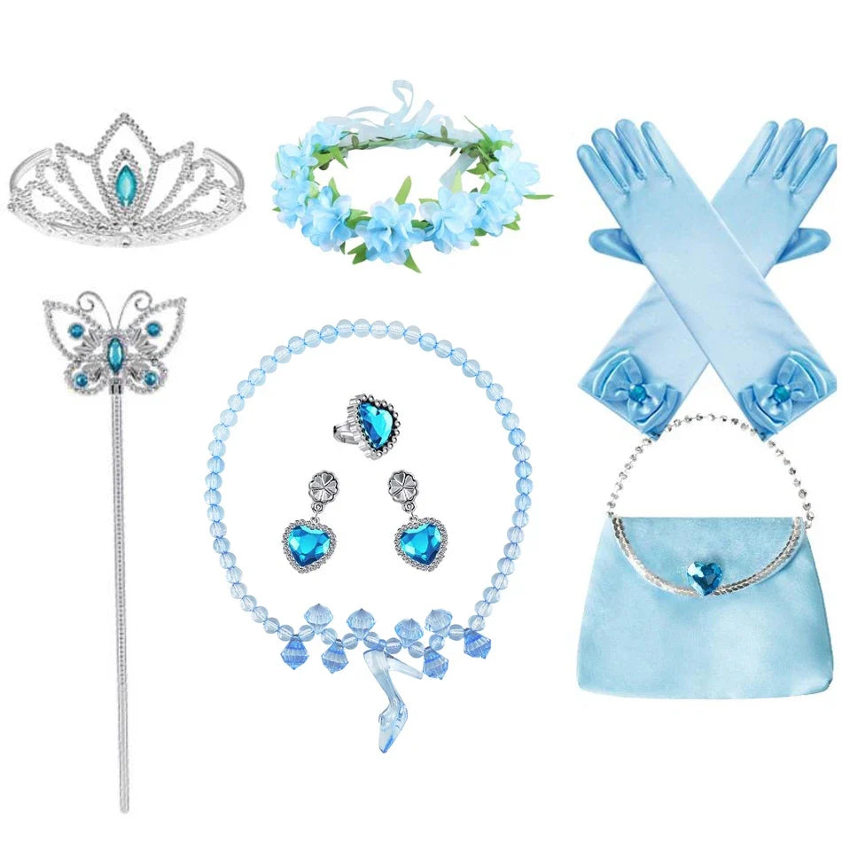 Girl Cinderella Dress Long Sleeve Princess Cosplay Costume Blue Sequin Children Bithday Surprise Kids Ball Gown