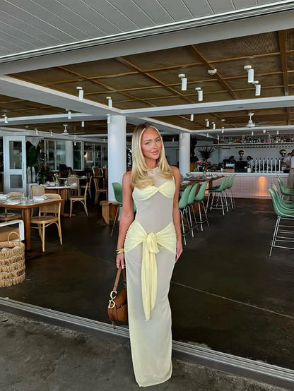 Women's fashion Pale Yellow Sheer Mesh Maxi Dress with Twist Front & Self-Tie Waist,Back to School,Fall Dresses For Women
