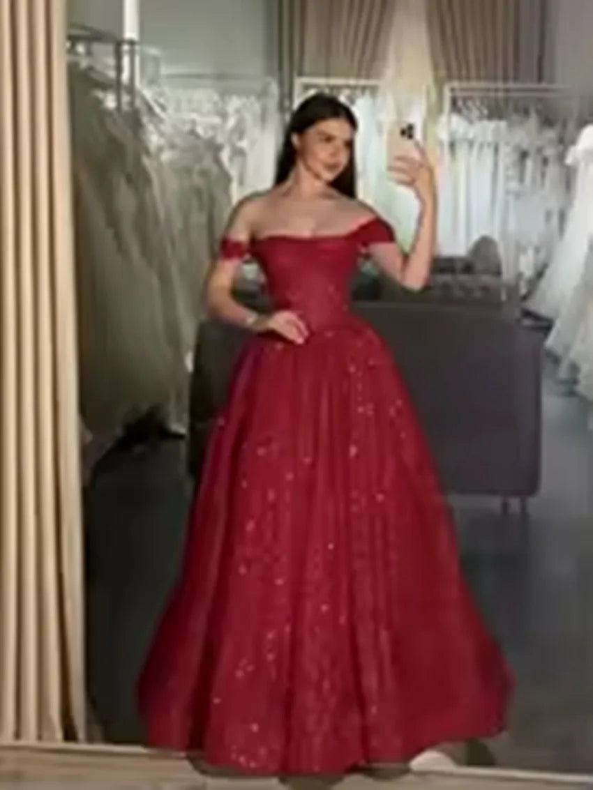 Customized Moden Prom Dress 2026 Glitter Tulle Off the Shoulder Wedding Party Dress Boat-neck A-line Floor-Length Evening Gowns