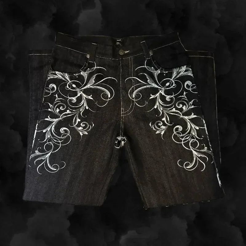 Jeans embroidered hip-hop wide-leg floor-moving Y2K mid-waist gothic individual men's pants American retro fashion trousers