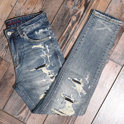 Street Fashion Men Jeans Retro Blue Stretch Slim Fit Hole Ripped Jeans Men Patched Designer Hip Hop Vintage Denim Pants Hombre