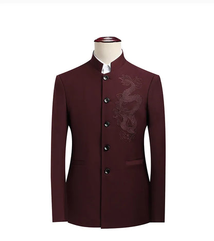 2026 New Men's Stand Collar Long Sleeve Suit Jacket, Asian Size Chinese-Style Slim-Fit Blazer in Dark Blue/Red/Grey/Black/White