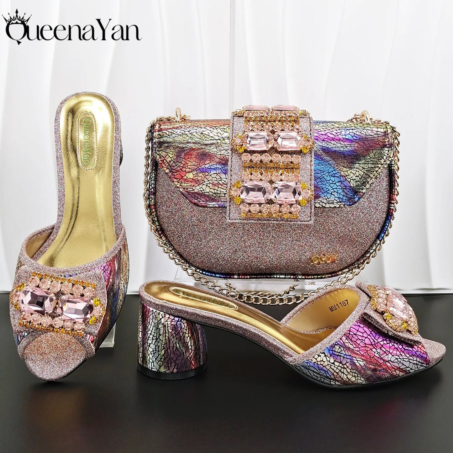 Newest Italian Design Fashion Comfortable Olive Color Peep Toe Party Wedding or Work Women's High Heels with Diamond Oval Bag
