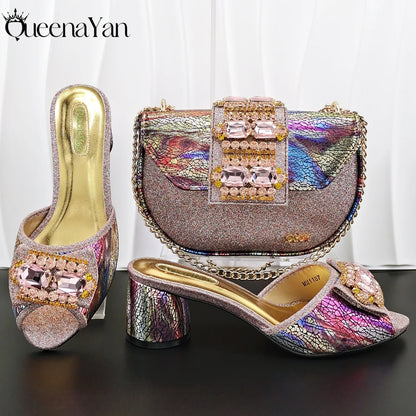 Newest Italian Design Fashion Comfortable Olive Color Peep Toe Party Wedding or Work Women's High Heels with Diamond Oval Bag
