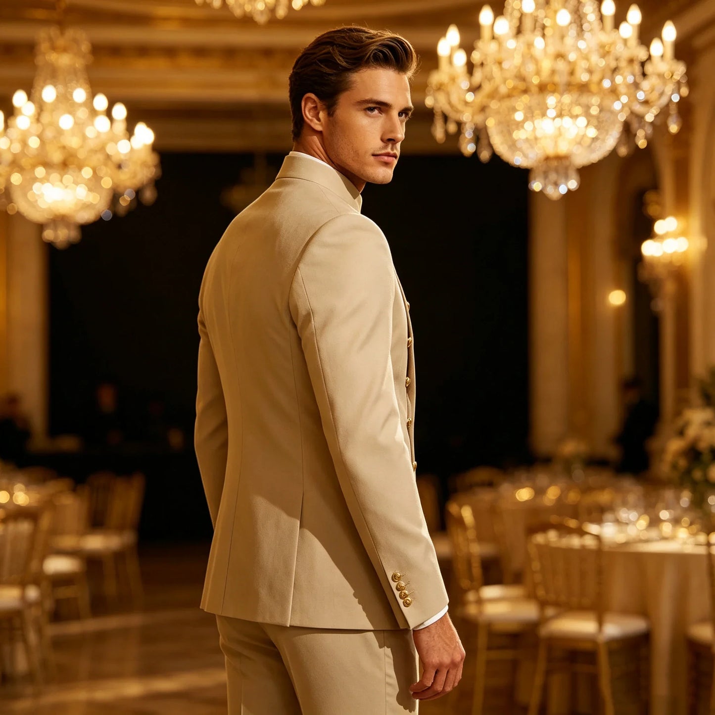 Men's Double Breasted Stand Collor Suit 2 Pieces Blazer Pants Set Slim Fit Business Casual Suit Jacket Formal Wedding Tuxedo