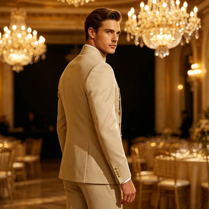 Men's Double Breasted Stand Collor Suit 2 Pieces Blazer Pants Set Slim Fit Business Casual Suit Jacket Formal Wedding Tuxedo