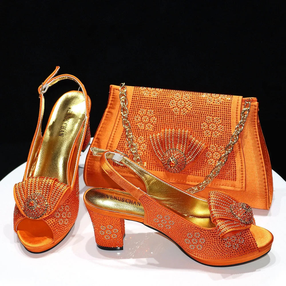 2024 Italian Design Girly Style Golden Color Wedding Shoes And Bag Full Diamond Decoration Metal Closure Bags