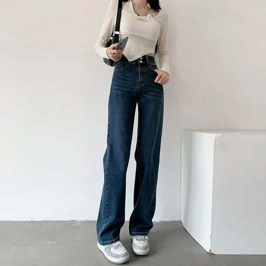 Loose Straight Women's Jeans Fashion Stretch Soft Drape Multi-button High Waist Denim Trousers Street Fashion Female Clothing