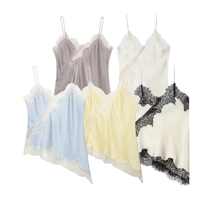 Women Fashion Lace Patchwork Straps Top Irregular Hem Spaghetti Straps V-Neck Hollow Sexy Tops 2026 Summer Night Date Wear