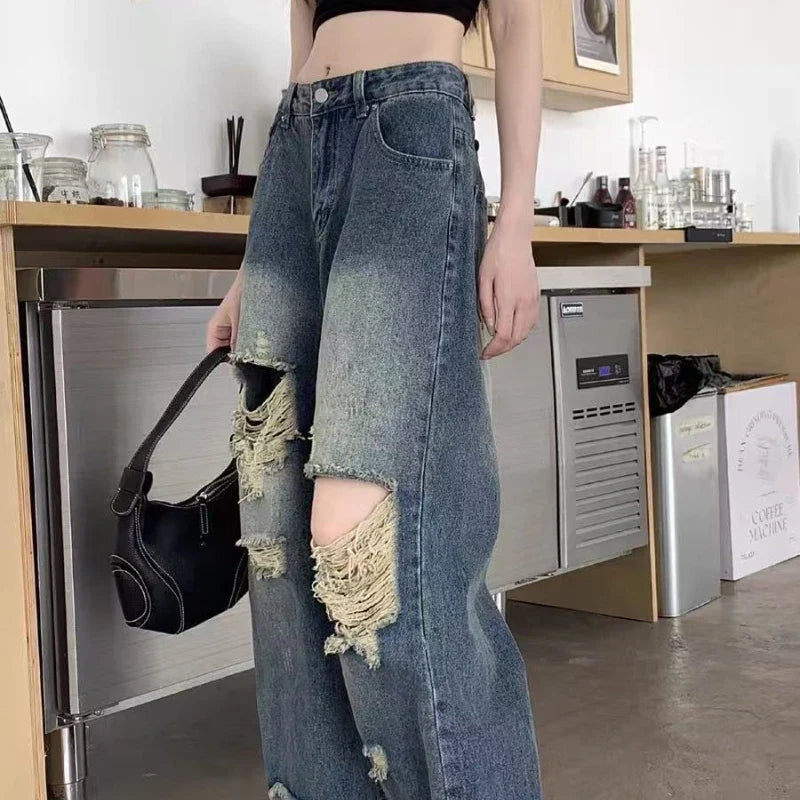 Casual Denim Pant Women Jeans Vintage Straight Trousers Autumn Spring Fashion Female Blue Wide Leg Pants Hole Jeans