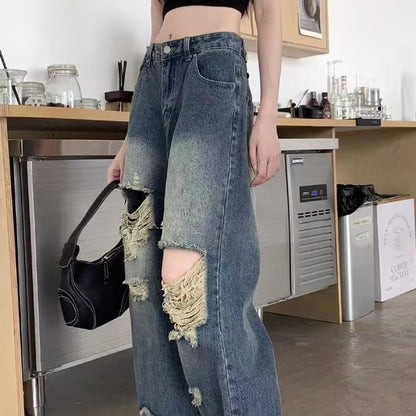Casual Denim Pant Women Jeans Vintage Straight Trousers Autumn Spring Fashion Female Blue Wide Leg Pants Hole Jeans