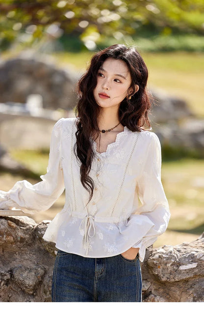 Embroidered Blouse Women 2025 Spring New French Elegant Apricot Lace Premium Drawstring Design V Neck Tops MXE11X1708