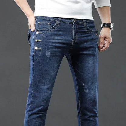 Men's Vintage Jeans Designer Korean Fashion Snowflake Wash Stretch Straight Pencil Pants Classic Slim Male Denim Trousers