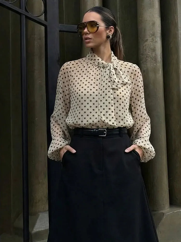Women 2026 Trend Polka Dot Print Blouse Bow Scarf Collar Long Sleeve Shirt Female Fashion High Street Lady Chic Thin Tops