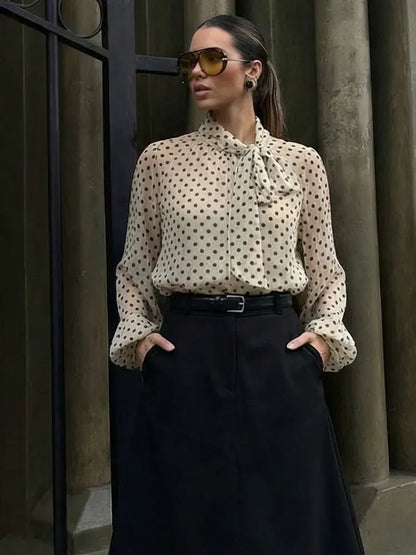 Women 2026 Trend Polka Dot Print Blouse Bow Scarf Collar Long Sleeve Shirt Female Fashion High Street Lady Chic Thin Tops