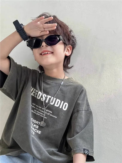 2026 New Boys' Summer 100% Cotton Streetwear Short Sleeve T Shirt Casual Half Sleeve Clothing