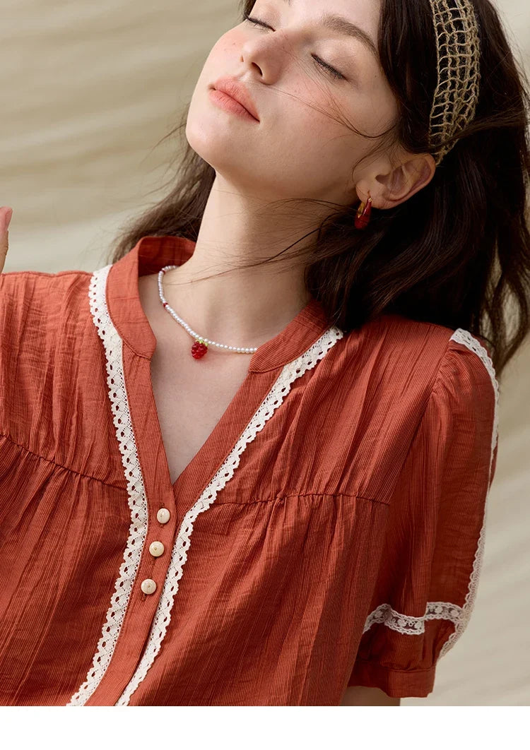 French New Blouses Women Summer New 2025 Short Sleeve V-neck Color Matching Shirts Female Fashion Lazy Style MXE31X1766