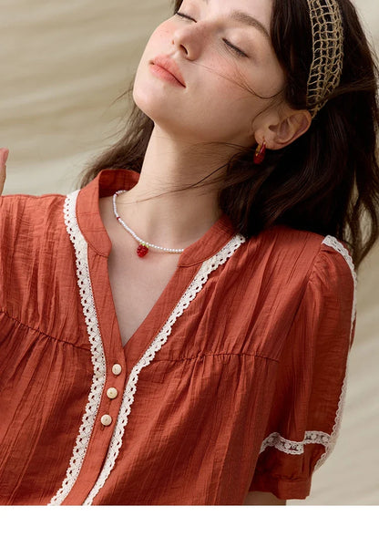 French New Blouses Women Summer New 2025 Short Sleeve V-neck Color Matching Shirts Female Fashion Lazy Style MXE31X1766