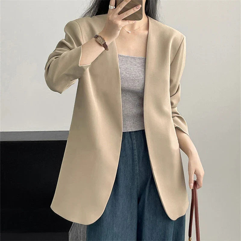 Fashion New Solid Casual Joker Women's Blazer Spring Autumn No Placket Cardigan Suit Jackets V-neck Long Sleeve 19-Color Coats