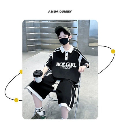 Summer Boys Patchwork Alphabet Preppy T-Shirt Tops+Drawstring Shorts Pant Set School Kids 2PCS Tracksuit Children Outfits 5-16Yr