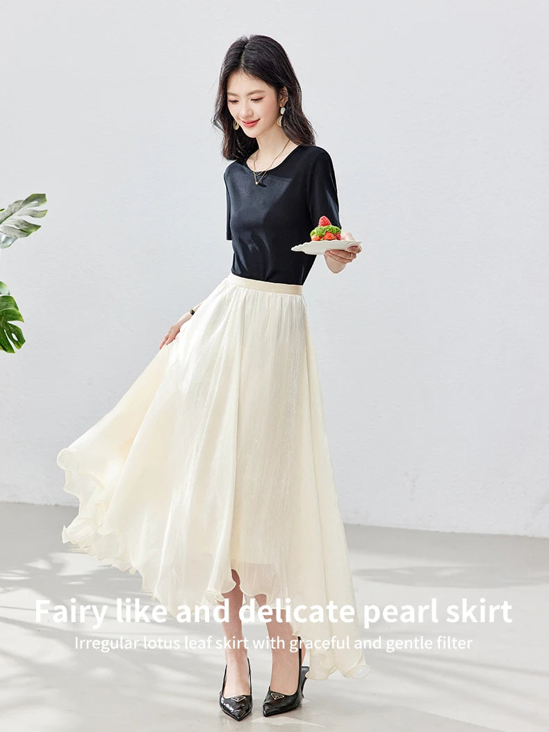 French A-line Shimmer Skirt for Women 2026 Summer New Fashion Irregular Ruffle Hem Elegant Office Maxi Skirt Bottoms 30813