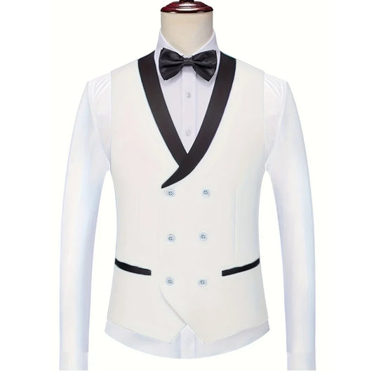 Men Vest White With Black Lapel Double Button Waistcoat For Wedding Birthday Banquet Party Business Work Daily Men Suit Vest