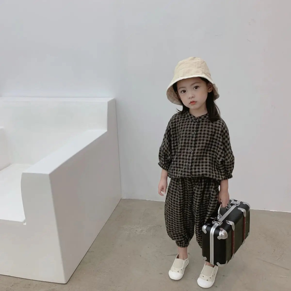 Kid Girls Korean Style Cotton Linen Suits Spring Autumn 2026 New Summer Baby Girl Fashion Casual Plaid 7-point Sleeve 2pcs Sets