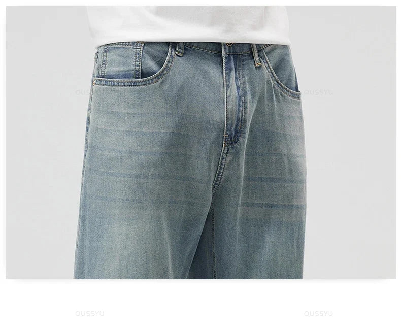 New Summer Thin Soft Lyocell Fabric Men's Jeans Classic Straight Denim Pants Work Wide Leg Casual Trousers Male Big Size 40 42