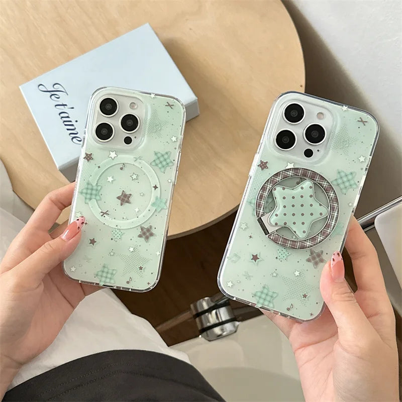 Fashion Mint Green Polka Dot Star Magnetic Stand Phone Case For iPhone 17 16 Pro 15 14 Pro Max Cover For Magsafe Cases Cute Capa