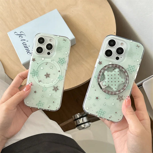 Fashion Mint Green Polka Dot Star Magnetic Stand Phone Case For iPhone 17 16 Pro 15 14 Pro Max Cover For Magsafe Cases Cute Capa
