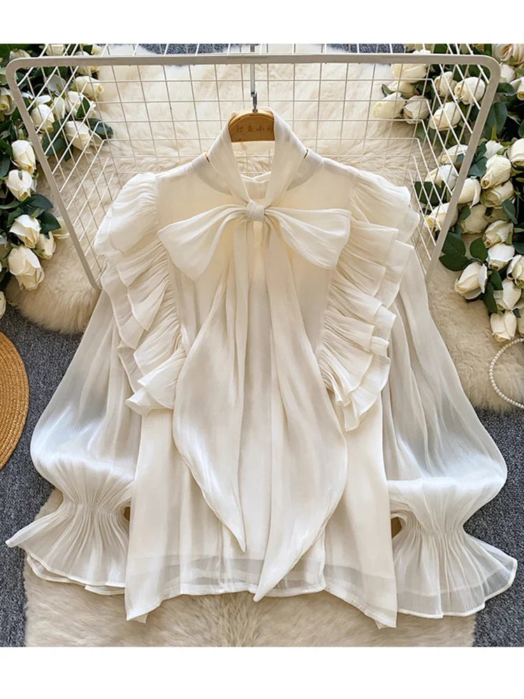 Women Spring Autumn Shirt Fashion French Retro Casual High-end Polka Dot Blouse with Bubble Sleeves Bow Design Top S263